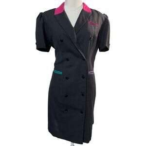Vintage 80s 90s Button Front Dress Size M Black Stewardess Pockets Shoulder Pads